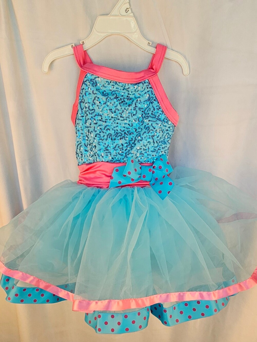 Weissman Blue and Pink Sequin Tulle Dance Costume With Bow Size SC (~5-7 years)